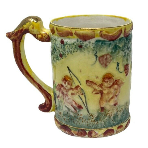 Hand Printed Modern Style Gold Handled Tea Coffee Mug Cherub Design - Picture 6 of 7